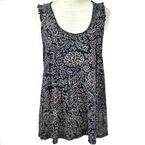 Lucky Brand Floral Paisley Tank Top Blue Boho Sleeveless Ruffle Trim L